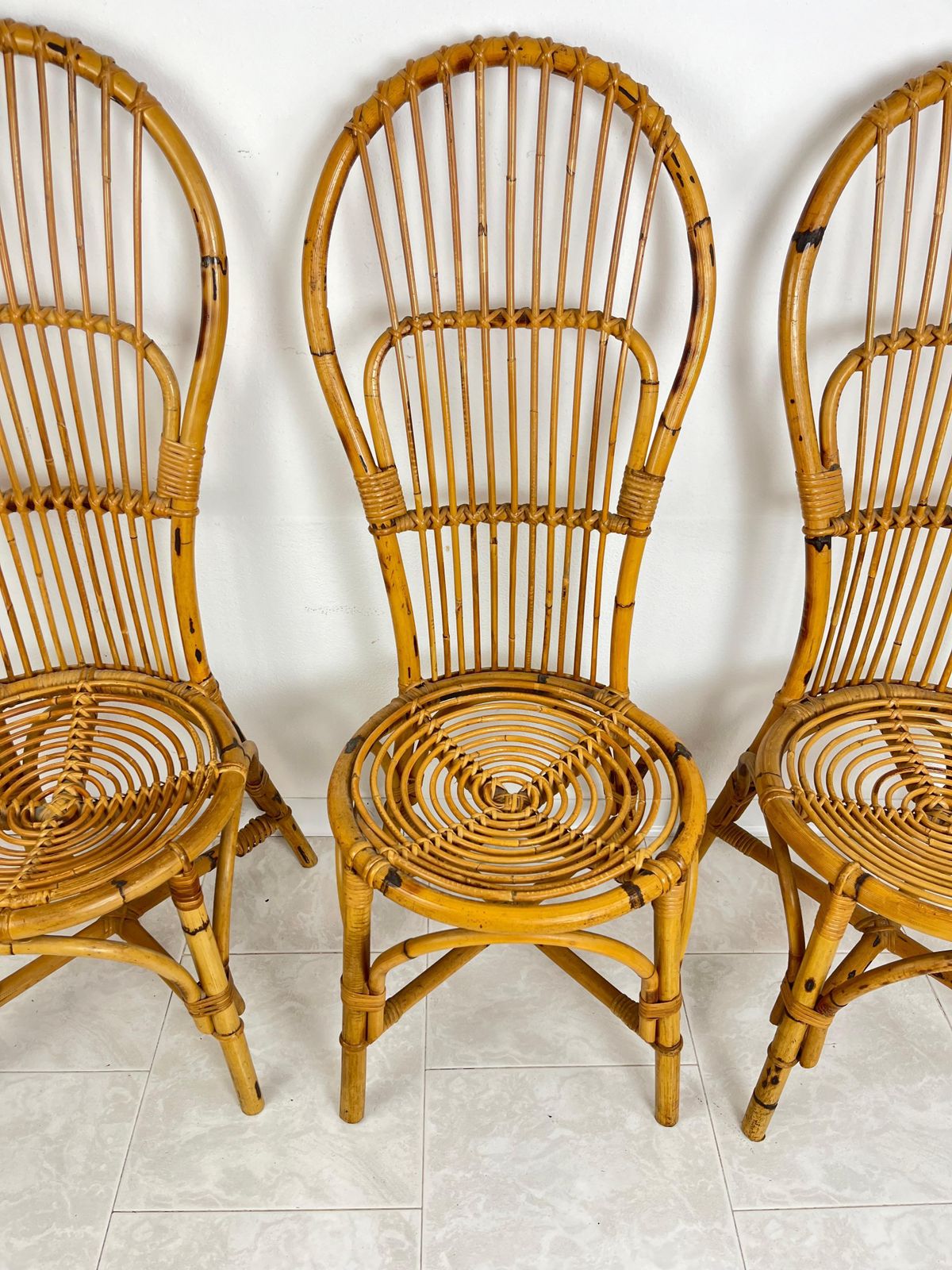Set Of 3 Mid Century Bamboo  Chairs With Fan Backs Italian Design  1950s photo buy
