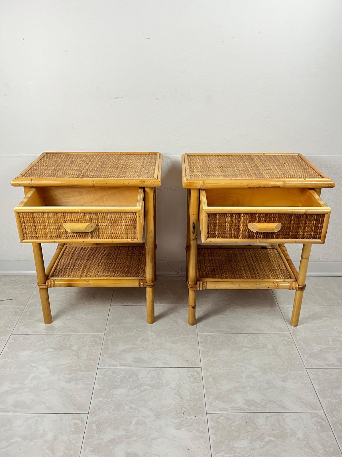Set Of 2 Mid Century French Riviera Wicker And Rattan Bedside Tables 1960s photo furniture