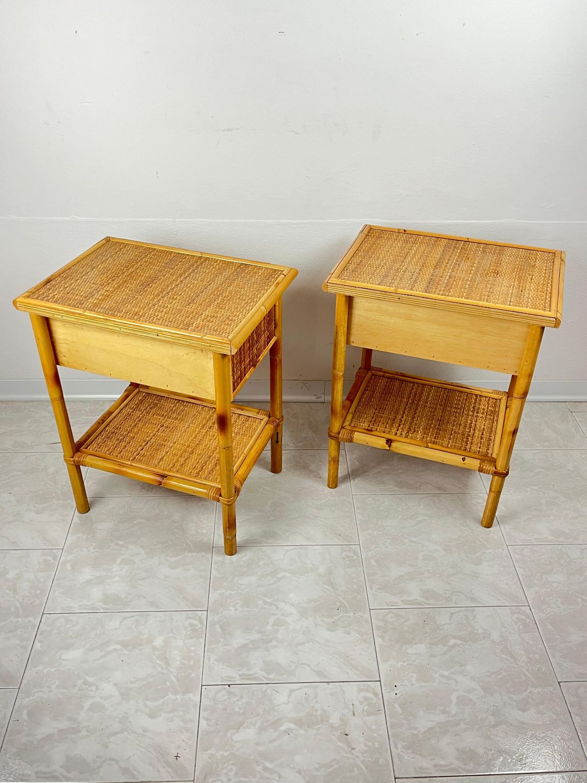 Set Of 2 Mid Century French Riviera Wicker And Rattan Bedside Tables 1960s photo Furniture