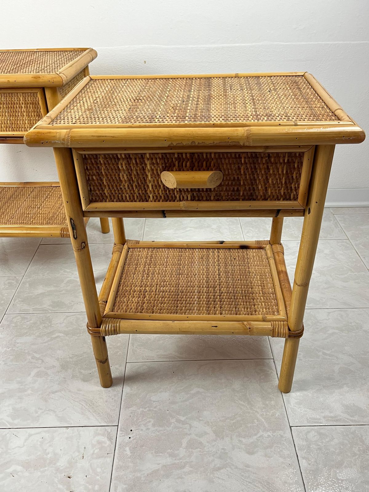 Set Of 2 Mid Century French Riviera Wicker And Rattan Bedside Tables 1960s photo vinterior