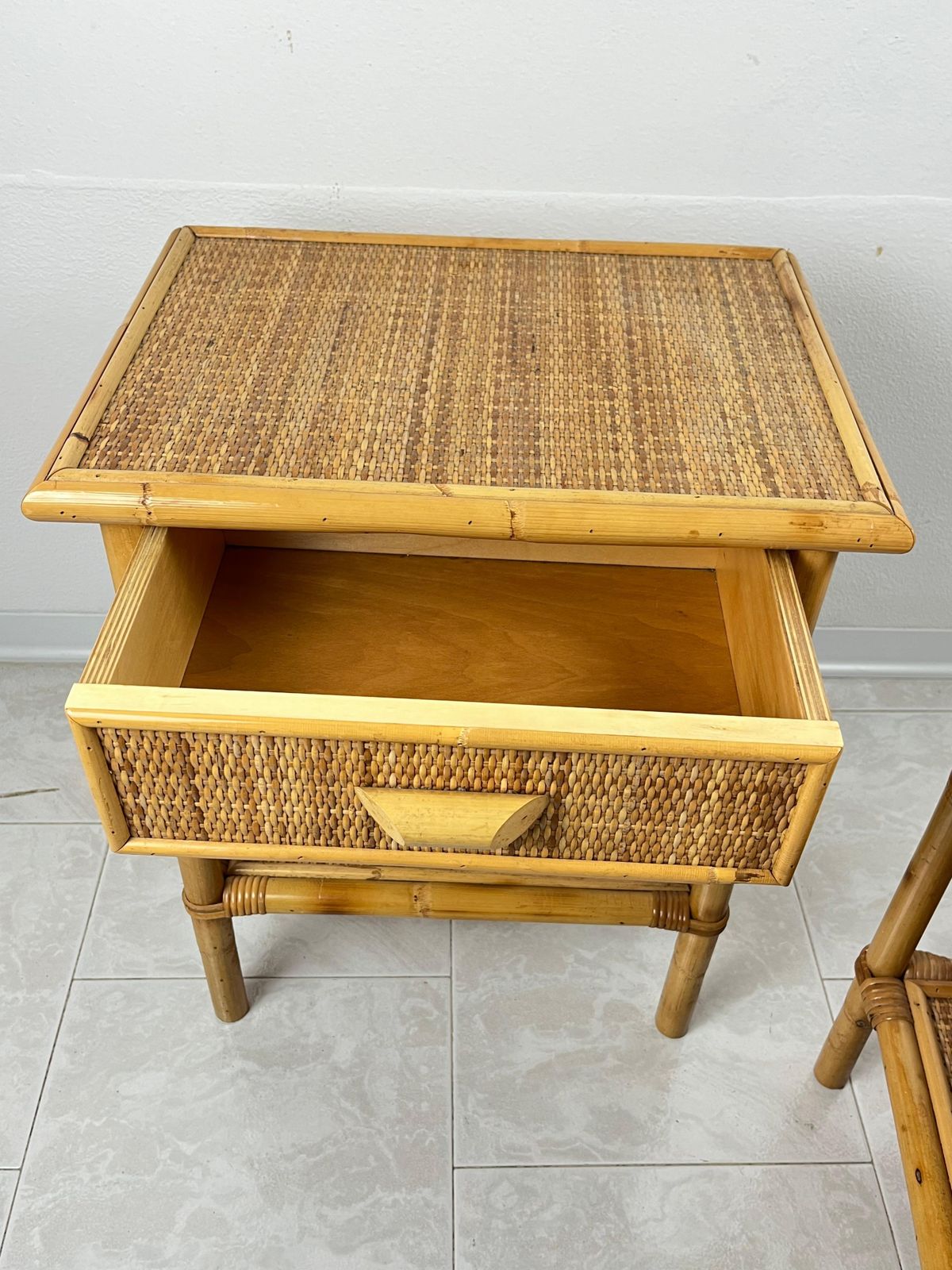 Set Of 2 Mid Century French Riviera Wicker And Rattan Bedside Tables 1960s photo vintage