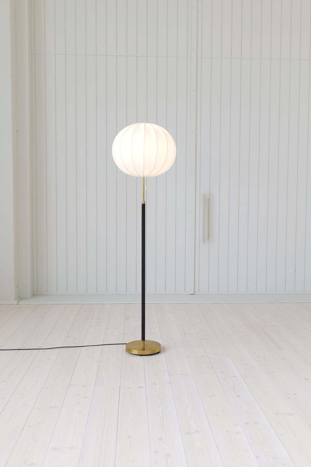 Mid Century Brass Black Leather Floor Lamp Falkenbergs Belysning, Sweden, 1960s photo furniture