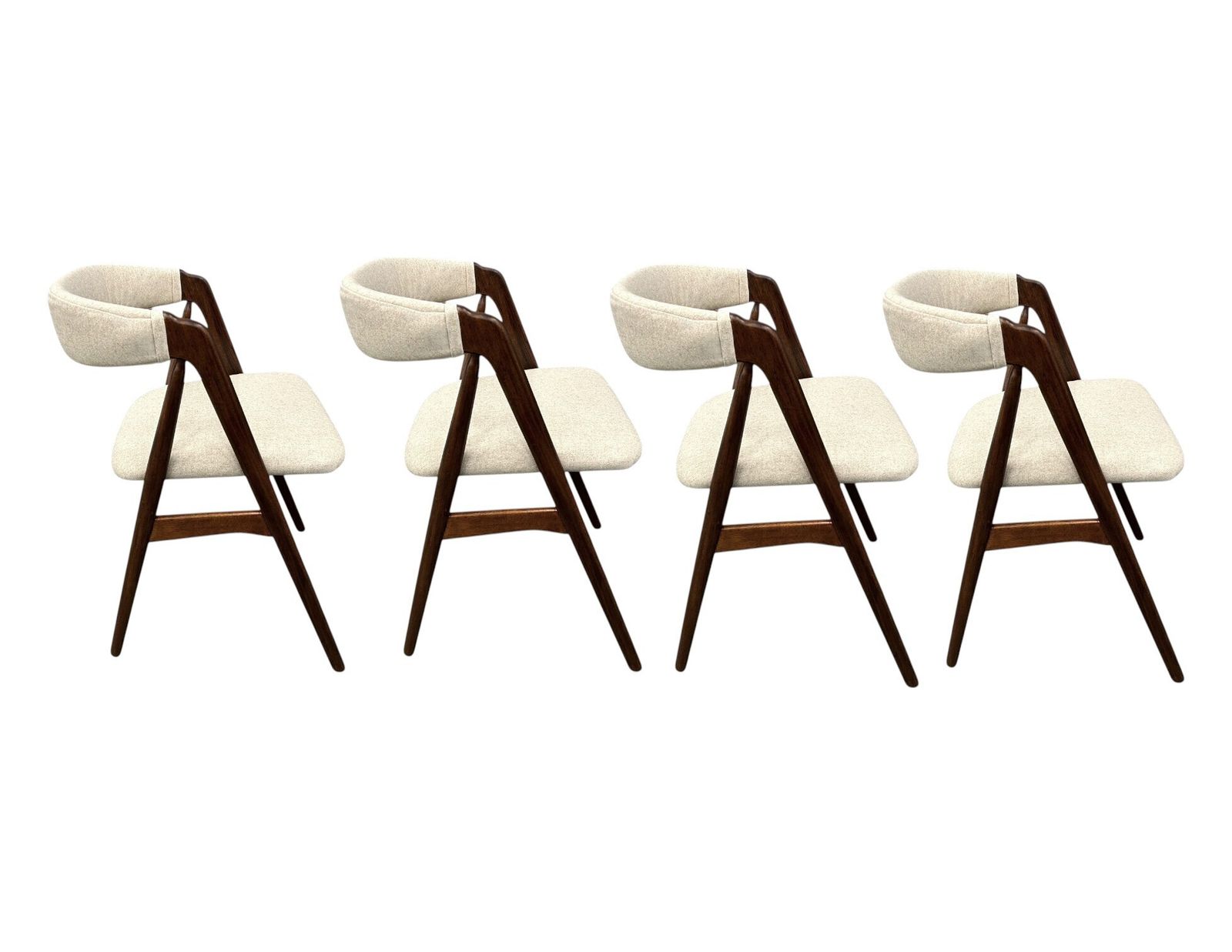 Danish Set Of 4 Thomas Harlev For Farstrup Model 205 Teak And Cream Wool Dining Chairs Mid Century 1950s