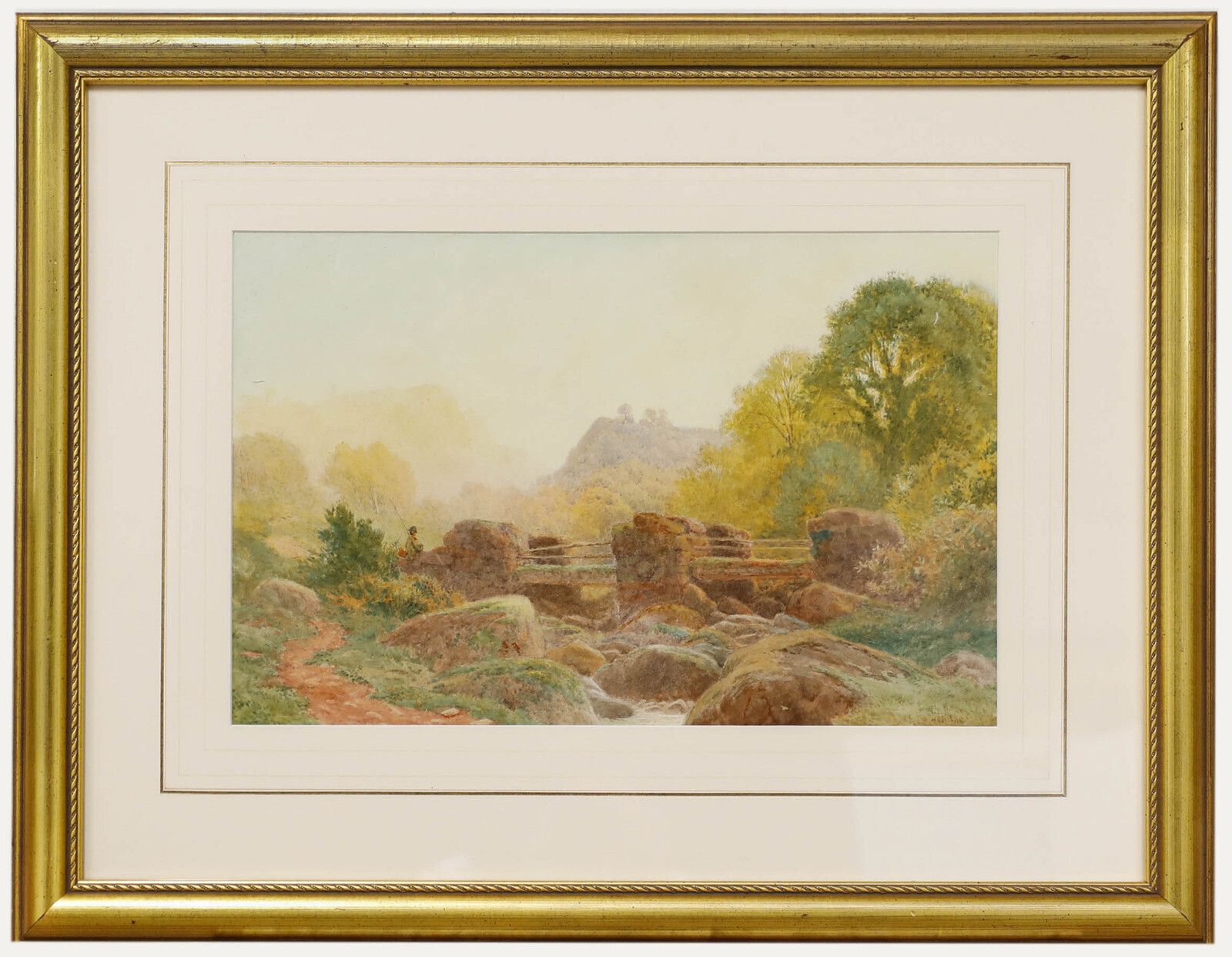 Henry Hilton (Fl.1879 1888)   Watercolour, Fishing From The Old Stone Bridge