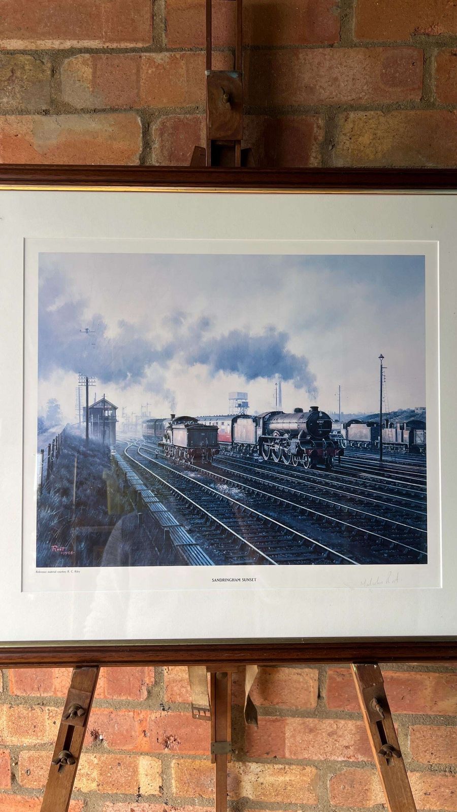 Large Signed Framed Railway Print 'Sandringham Sunset' By Malcolm Root (1988) – Steam Locomotive Art photo furniture