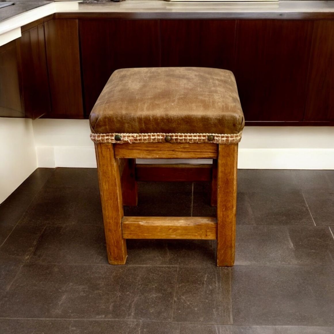 Vintage Small Square Leather And Wood Foot Stool