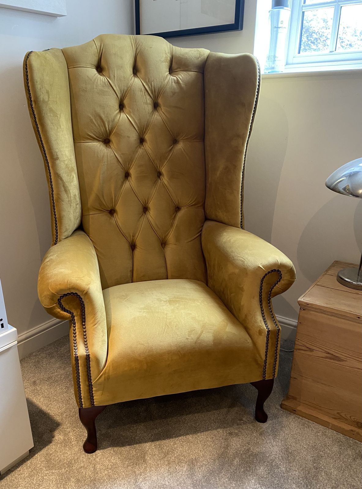 Tall Button Backed Velvet  Chair  Mustard Colour photo 680.0