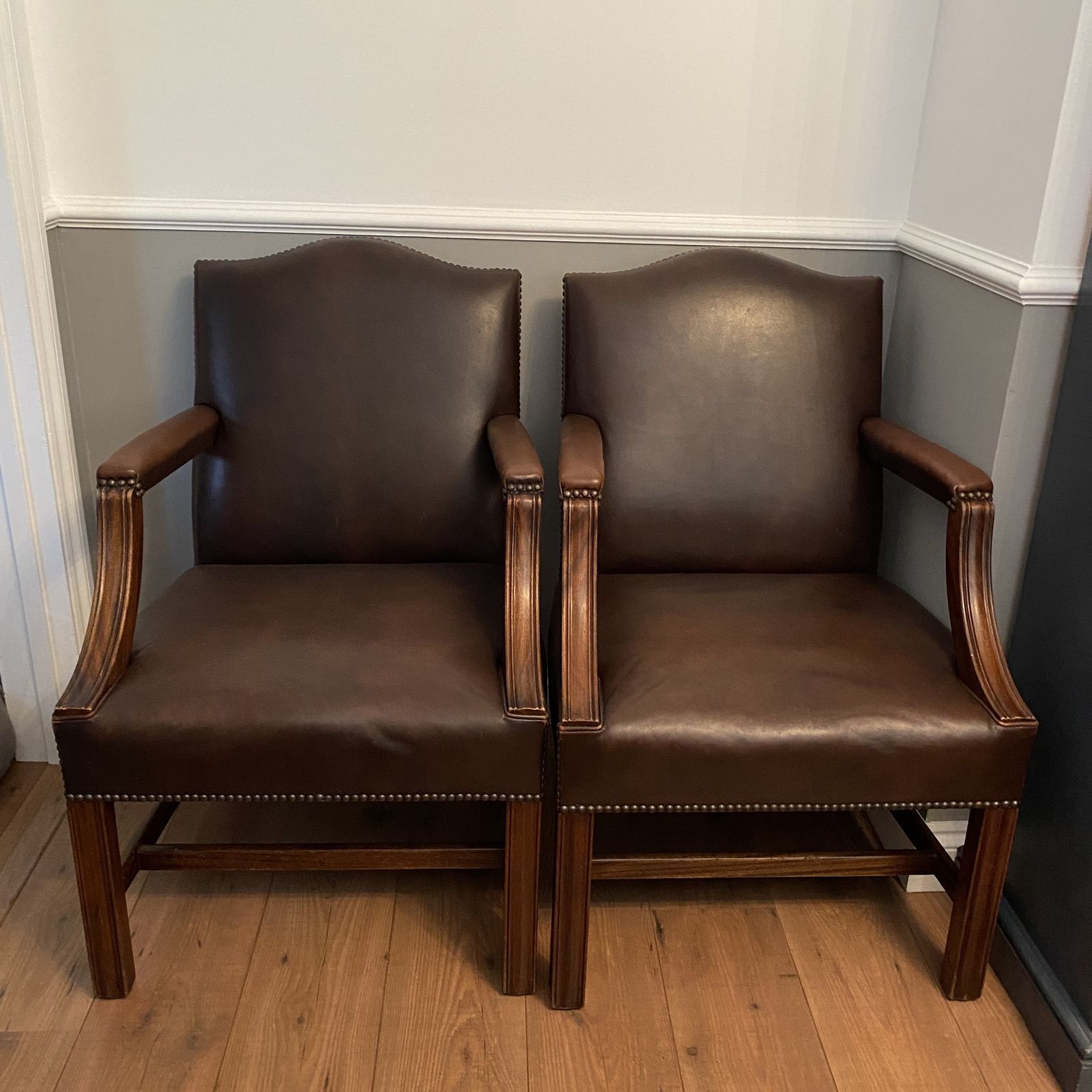 19th Century Antique Brown Leather Studded Gainsborough Caver Library Armchairs
