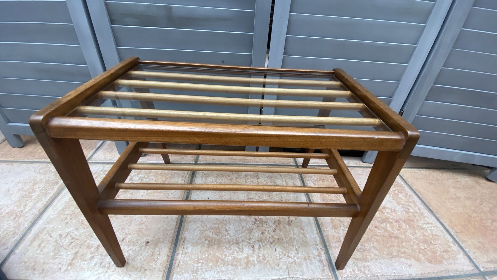 Danish Style Teak Glass Top Magazine Holder Side Table Wooden Slats Mcm photo 250.0