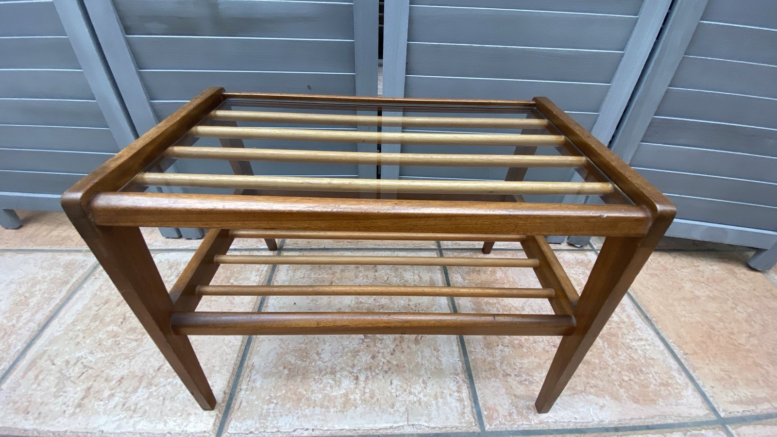 Danish Style Teak Glass Top Magazine Holder Side Table Wooden Slats Mcm photo vinterior