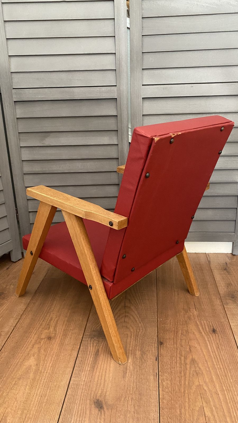 Vintage Mcm Danish Style Childs Chair Small Wooden Frame Lounge Red Vinyl photo furniture