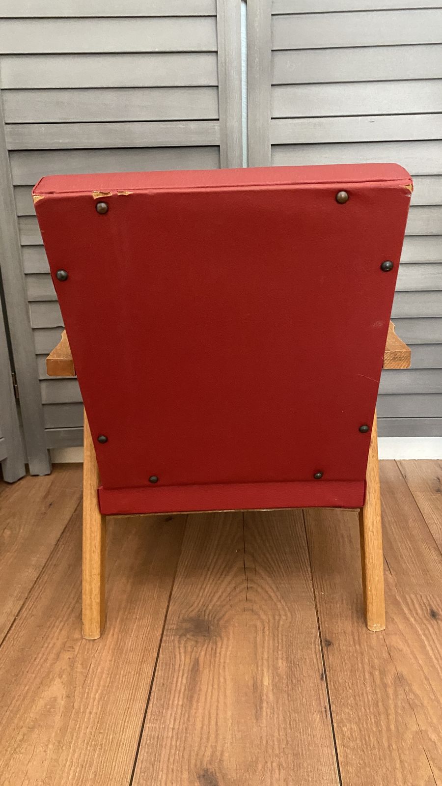 Vintage Mcm Danish Style Childs Chair Small Wooden Frame Lounge Red Vinyl photo vinterior