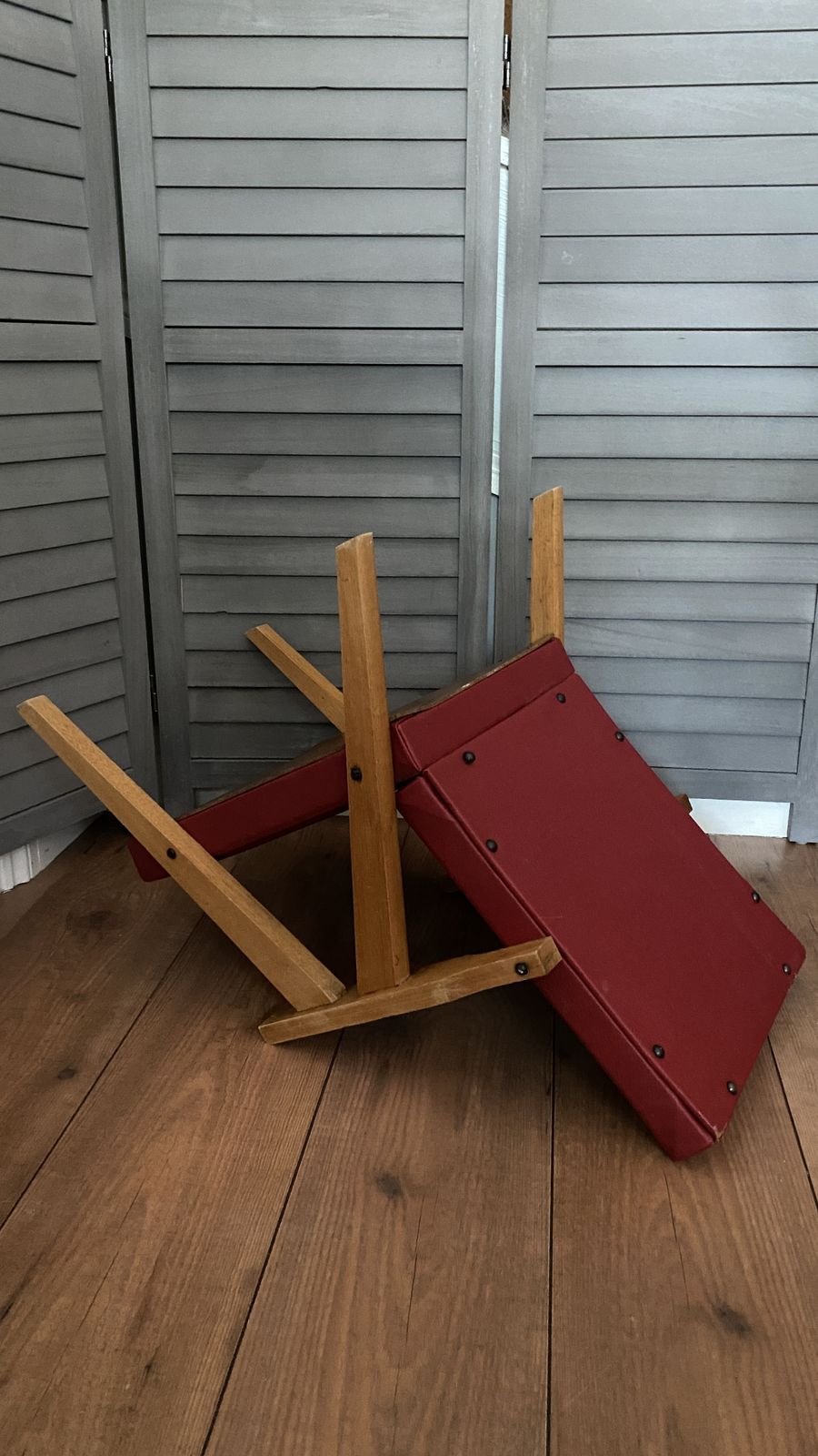 Furniture Vintage Mcm Danish Style Childs Chair Small Wooden Frame Lounge Red Vinyl photo