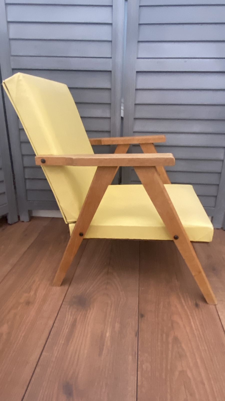 Vintage Mcm Danish Style Childs Chair Small Wooden Frame Yellow Vinyl photo for sale