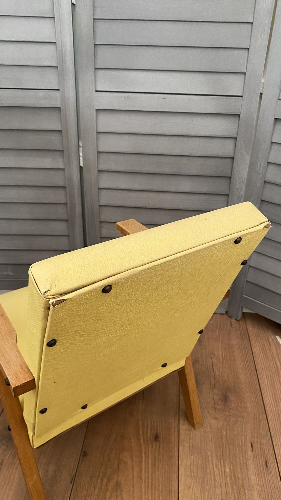 180.0 Vintage Mcm Danish Style Childs Chair Small Wooden Frame Yellow Vinyl photo