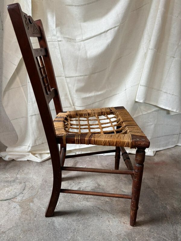 Vintage Wooden Spindle Chair With Carved Back And Woven Seat Frame photo Furniture