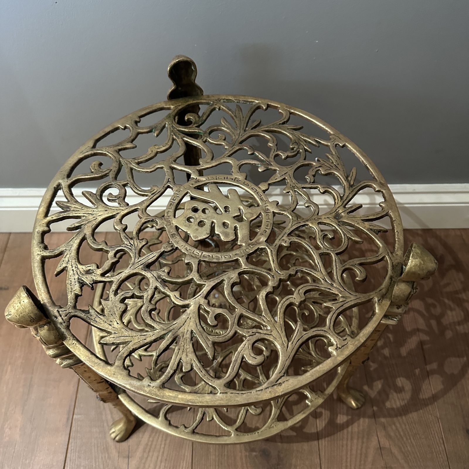 Vintage Ornate Brass 2 Tier Jardiniere Plant Stand Side Table Lion Claw Cherubs photo Garden Decor