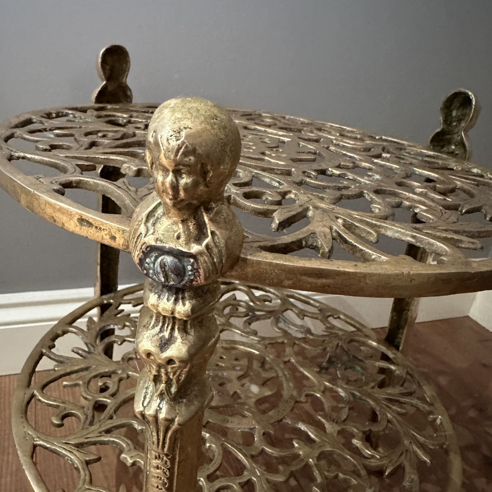 photo for sale Vintage Ornate Brass 2 Tier Jardiniere Plant Stand Side Table Lion Claw Cherubs