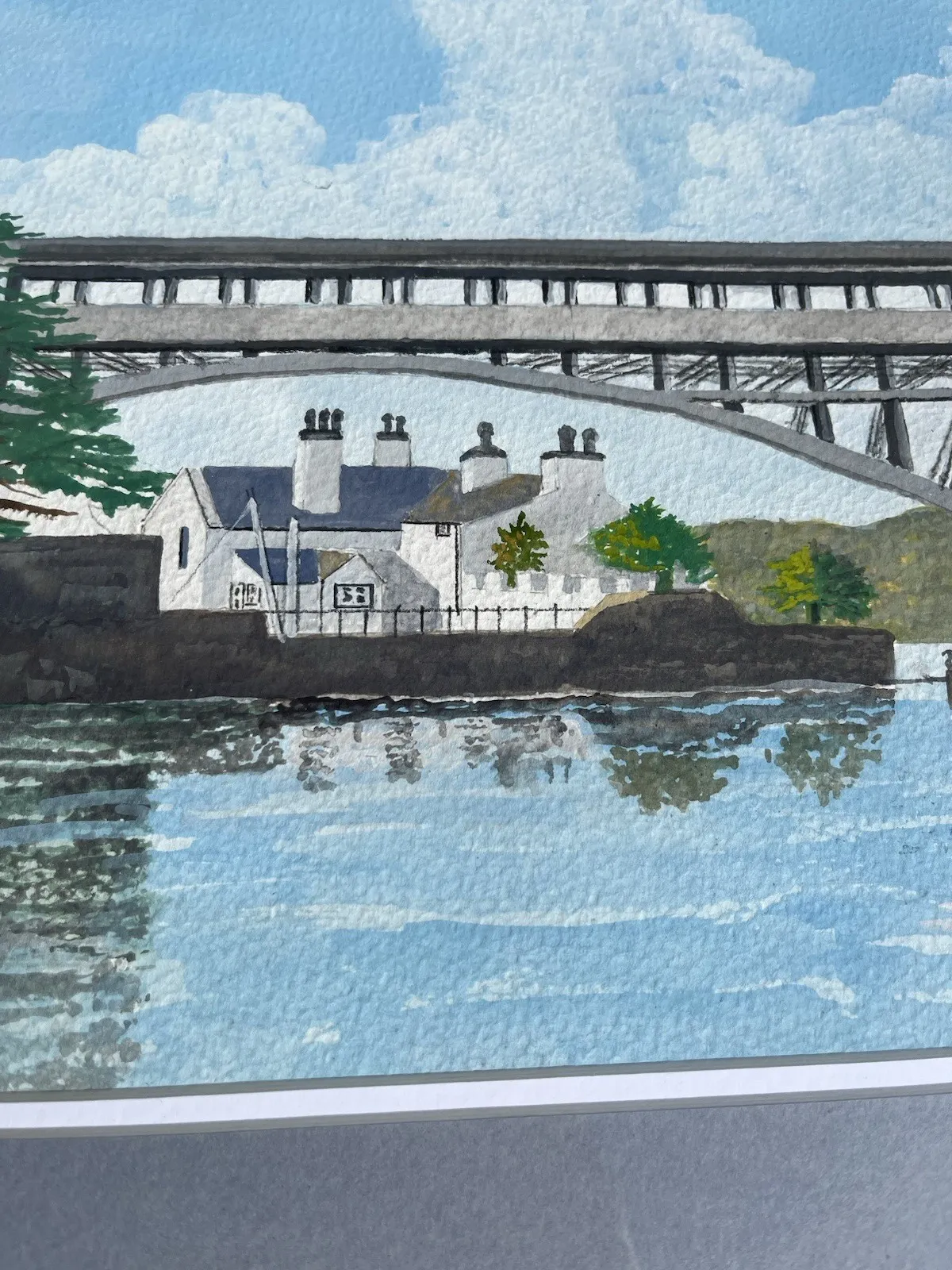 Original Framed Watercolour Painting Britannia Bridge Menai Straits Anglesey photo vintage