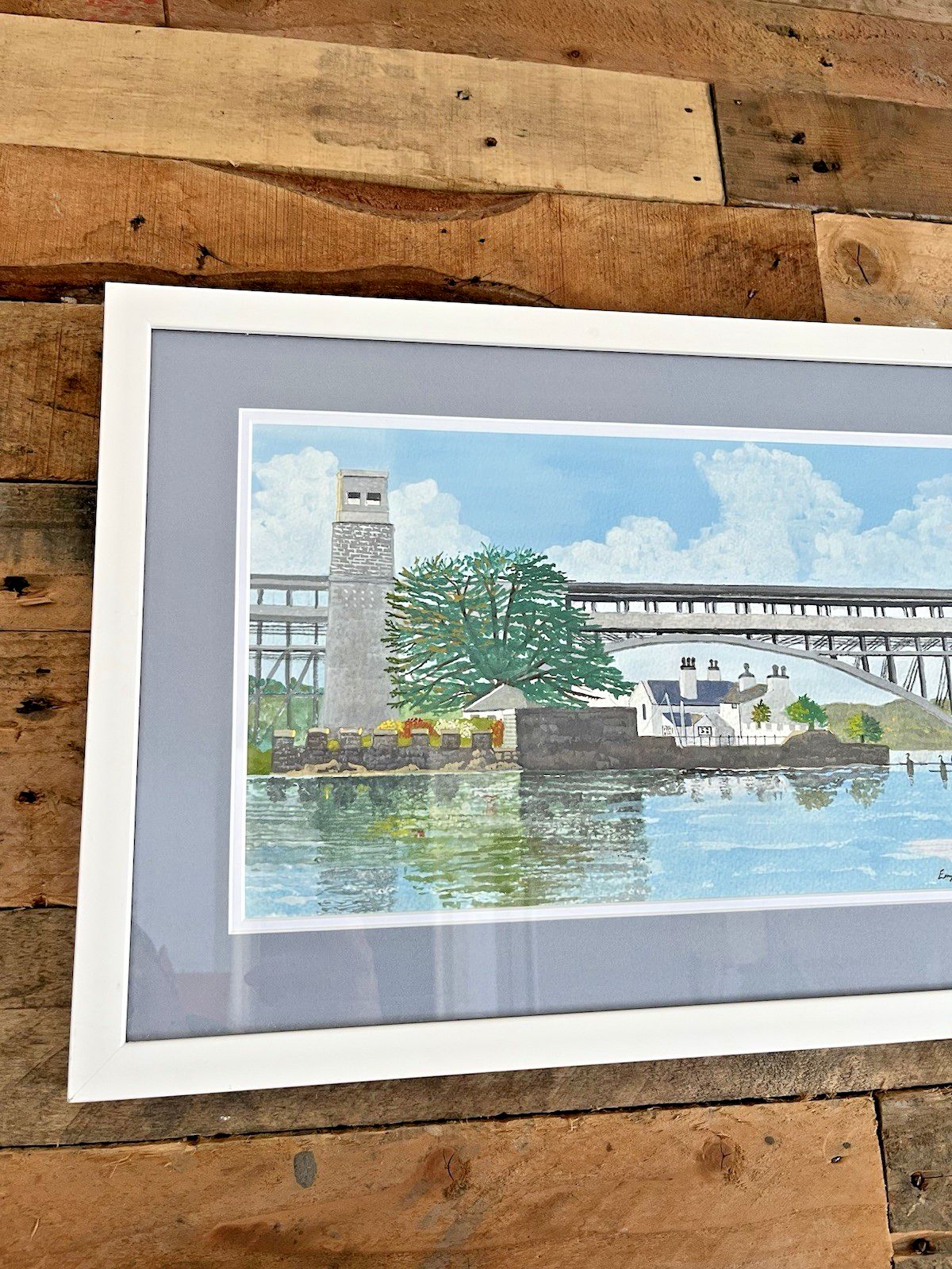 195.0 Original Framed Watercolour Painting Britannia Bridge Menai Straits Anglesey photo