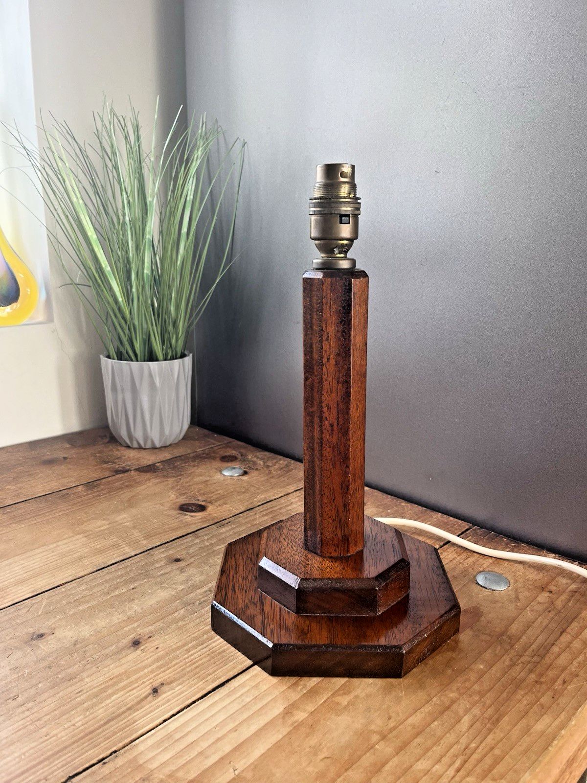 Antique Art Deco Octagonal Oak Faceted Wood Stepped Base Table Desk Lamp Base