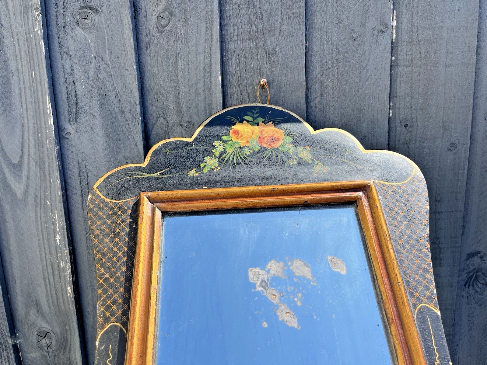 photo for sale Antique C1890 Aesthetic Movement Lacquered Papier Mache Floral Black Gold Mirror