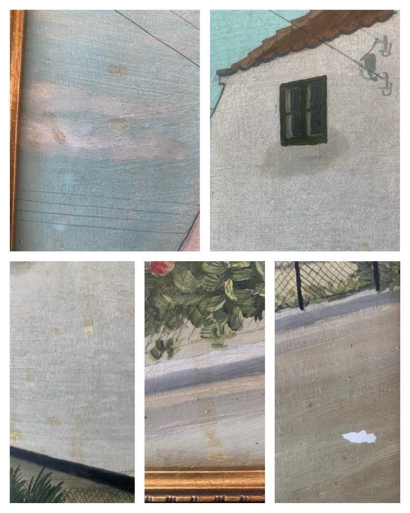 photo for sale Vintage Danish 1940s Mid Century Oil On Canvas Signed Painting By E. Møller With Motive Of A Graceful Countryside House With A Front Yard