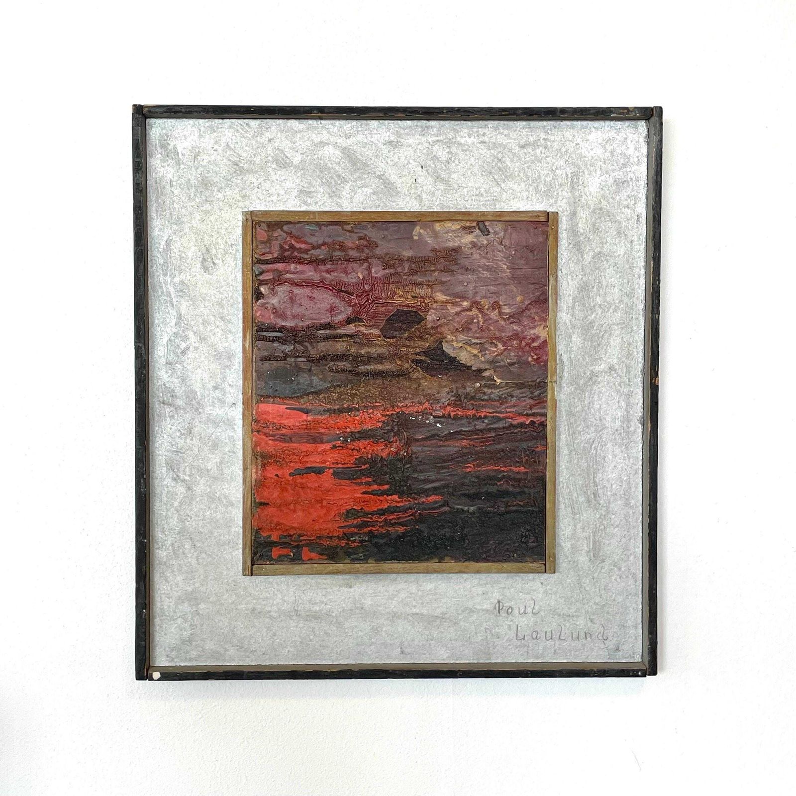Abstract Original Danish Mid Century Oil On Plate Painting By Poul Laulund From The 1970s In Red Nuances And Silver Details