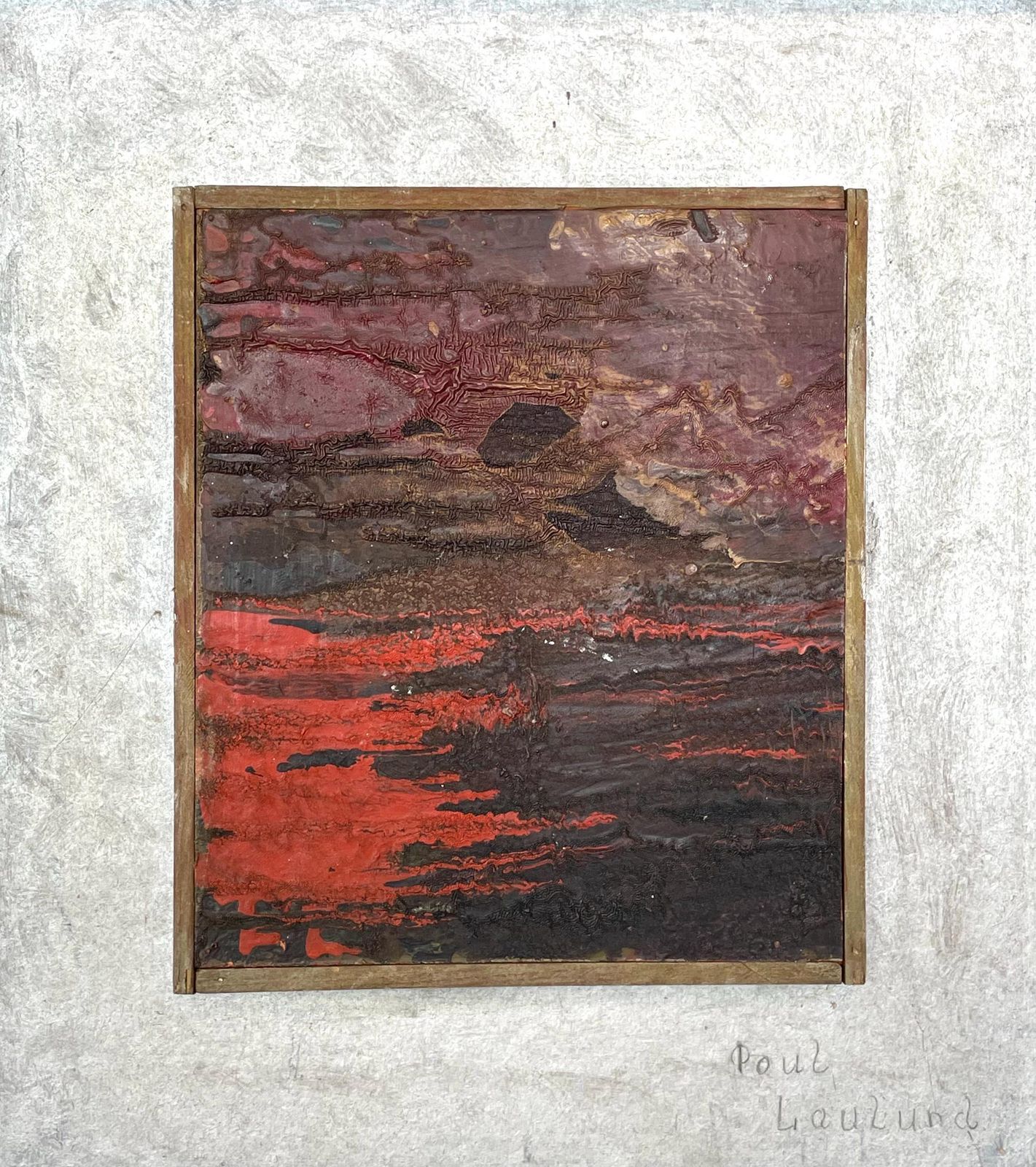 Abstract Original Danish Mid Century Oil On Plate Painting By Poul Laulund From The 1970s In Red Nuances And Silver Details photo for sale
