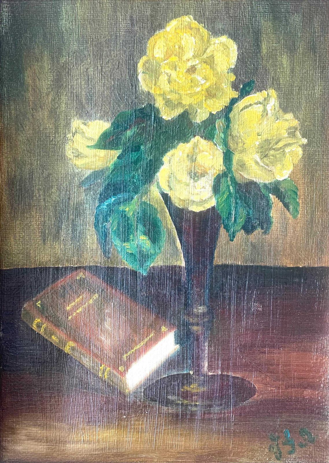 Mid Century Danish Vintage Signed Still Life Oil On Canvas Painting With Motive Of Vase With Flowers And A Book photo furniture