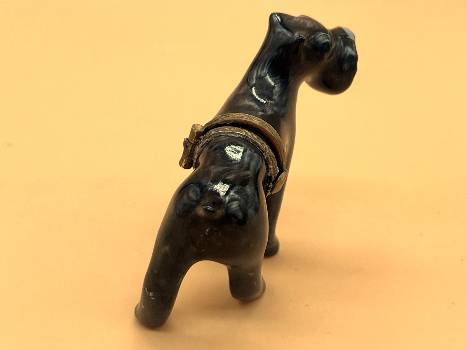 Peint Main Limoges Porcelain France Black Terrier Dog Shape Design Trinket / Jewelry Box. photo for sale