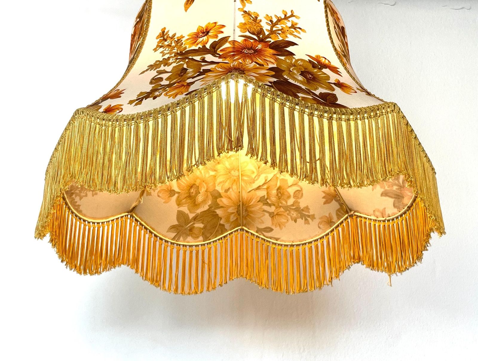 Beautiful Danish Vintage Mid Century Ceiling Lamp From The 1950s With Flower Pattern Fabric Shade And Golden Fringes photo furniture