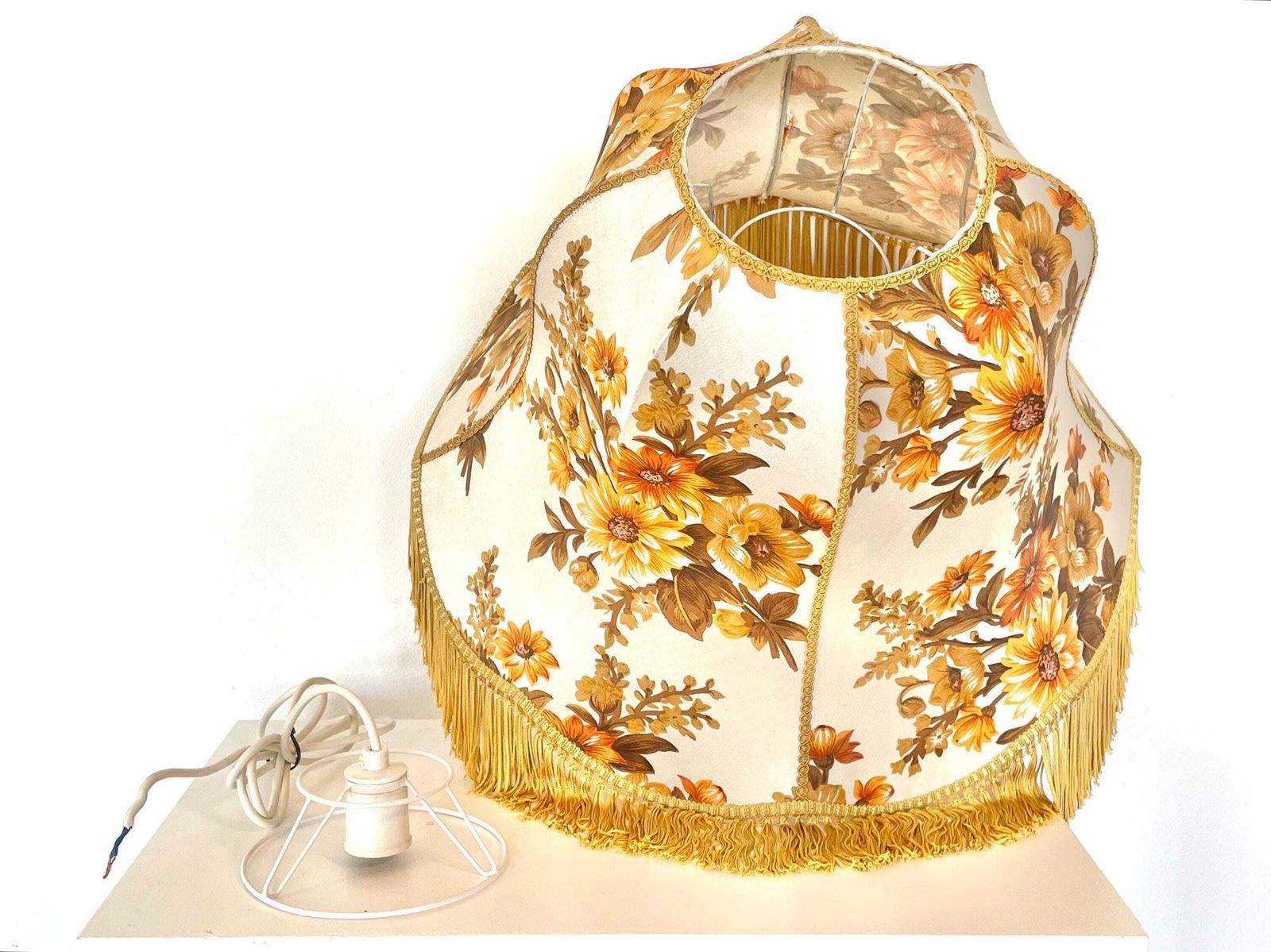 photo furniture Beautiful Danish Vintage Mid Century Ceiling Lamp From The 1950s With Flower Pattern Fabric Shade And Golden Fringes