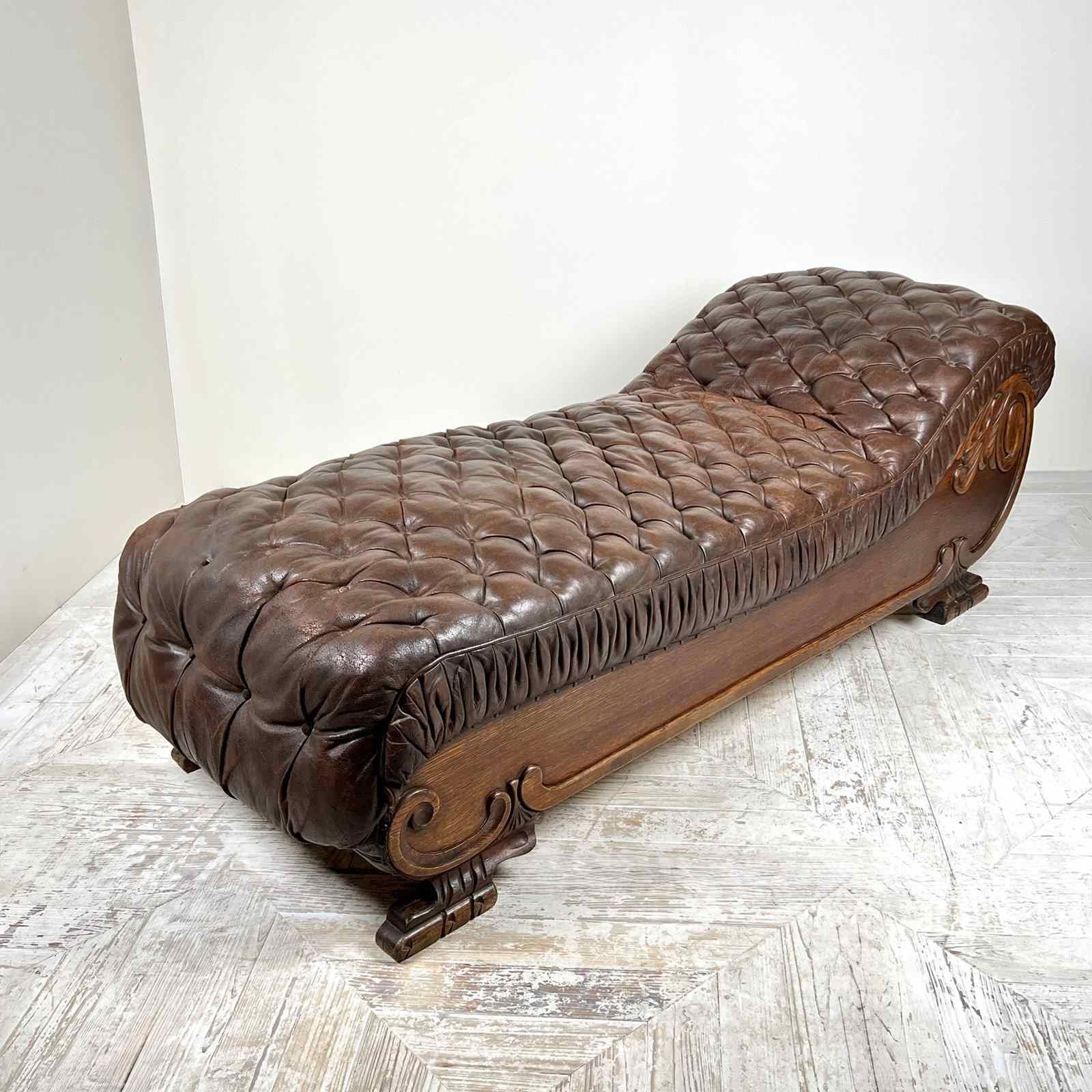 Large French C19th Antique Tufted Brown Leather Chaise Longue photo furniture