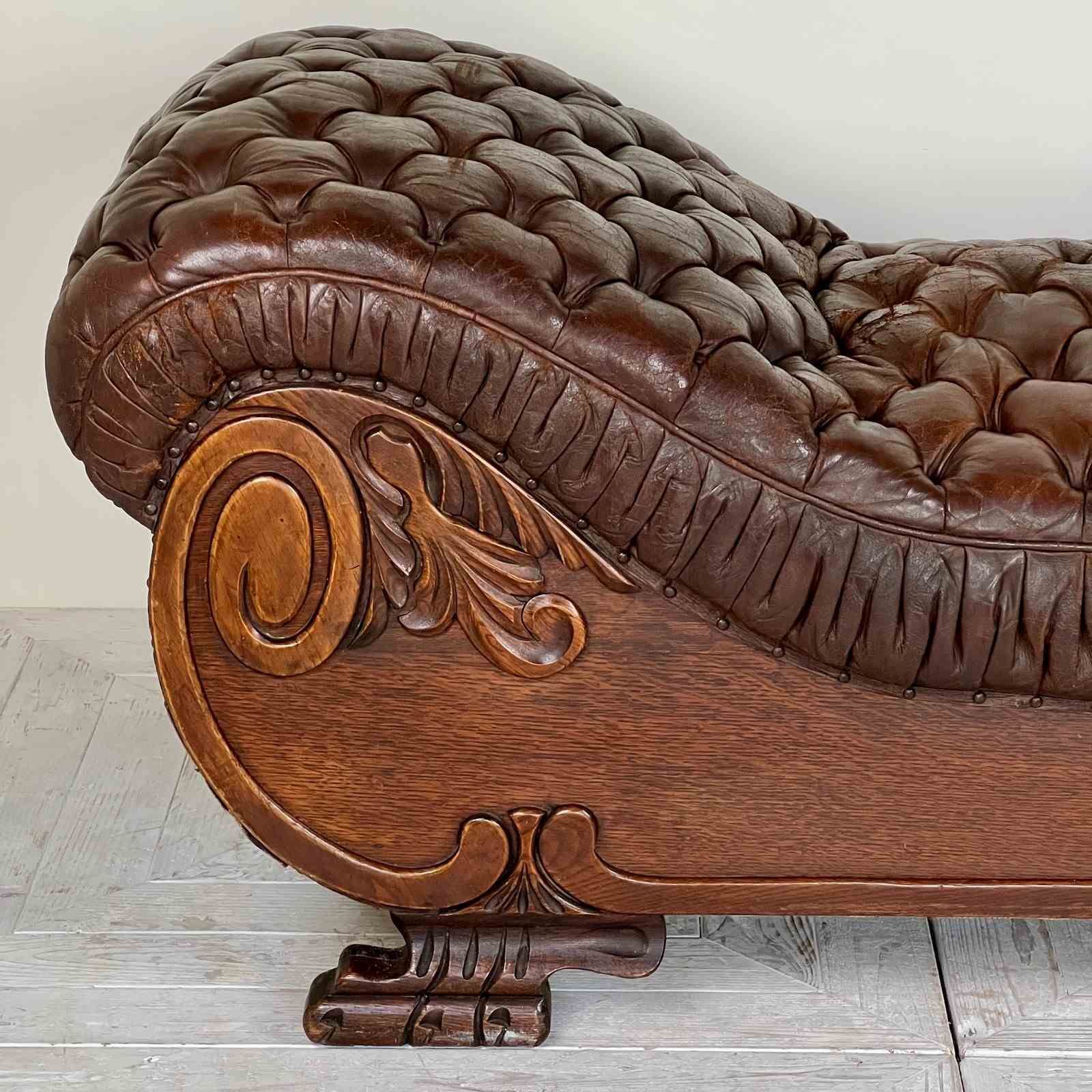 Large French C19th Antique Tufted Brown Leather Chaise Longue photo vinterior