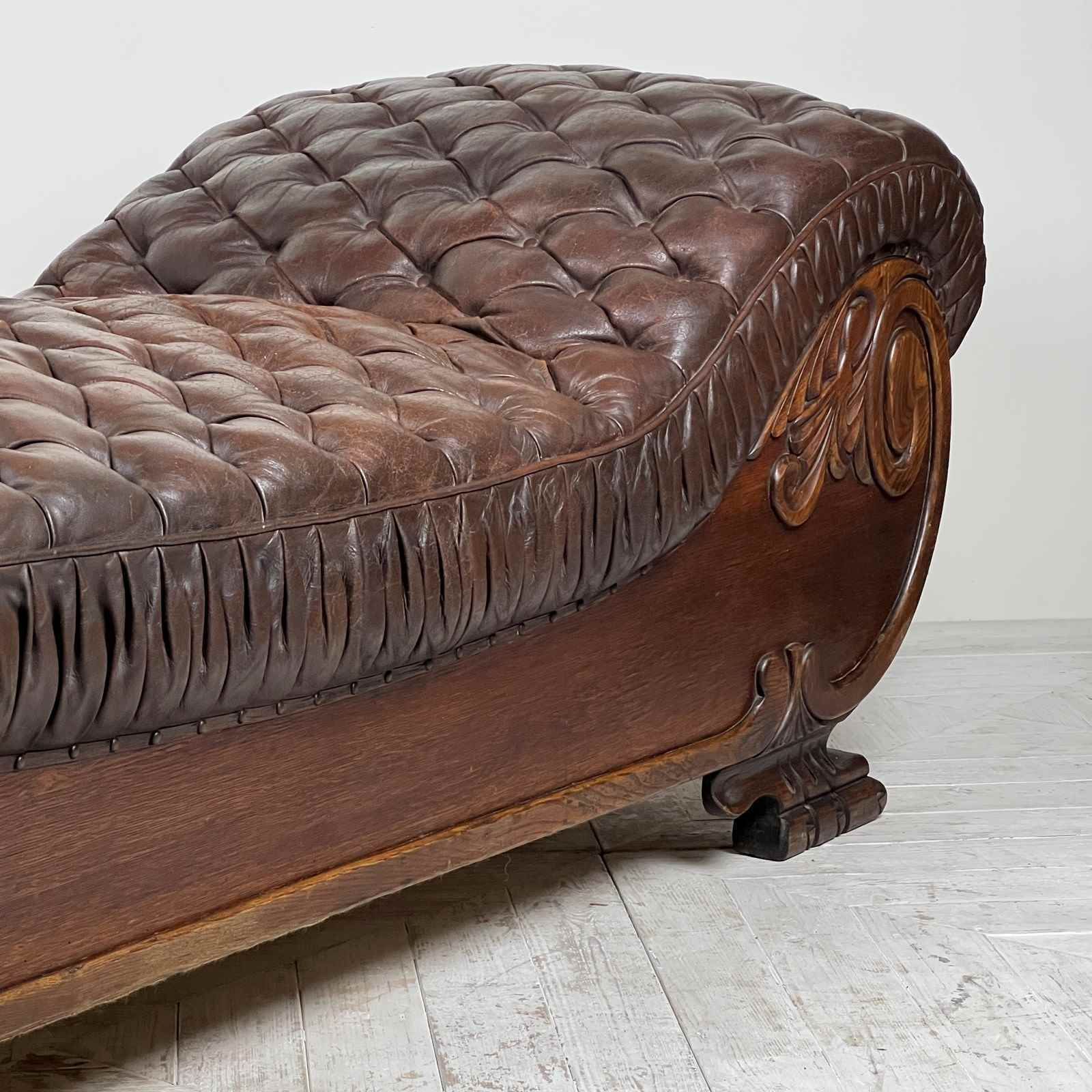 Furniture Large French C19th Antique Tufted Brown Leather Chaise Longue photo