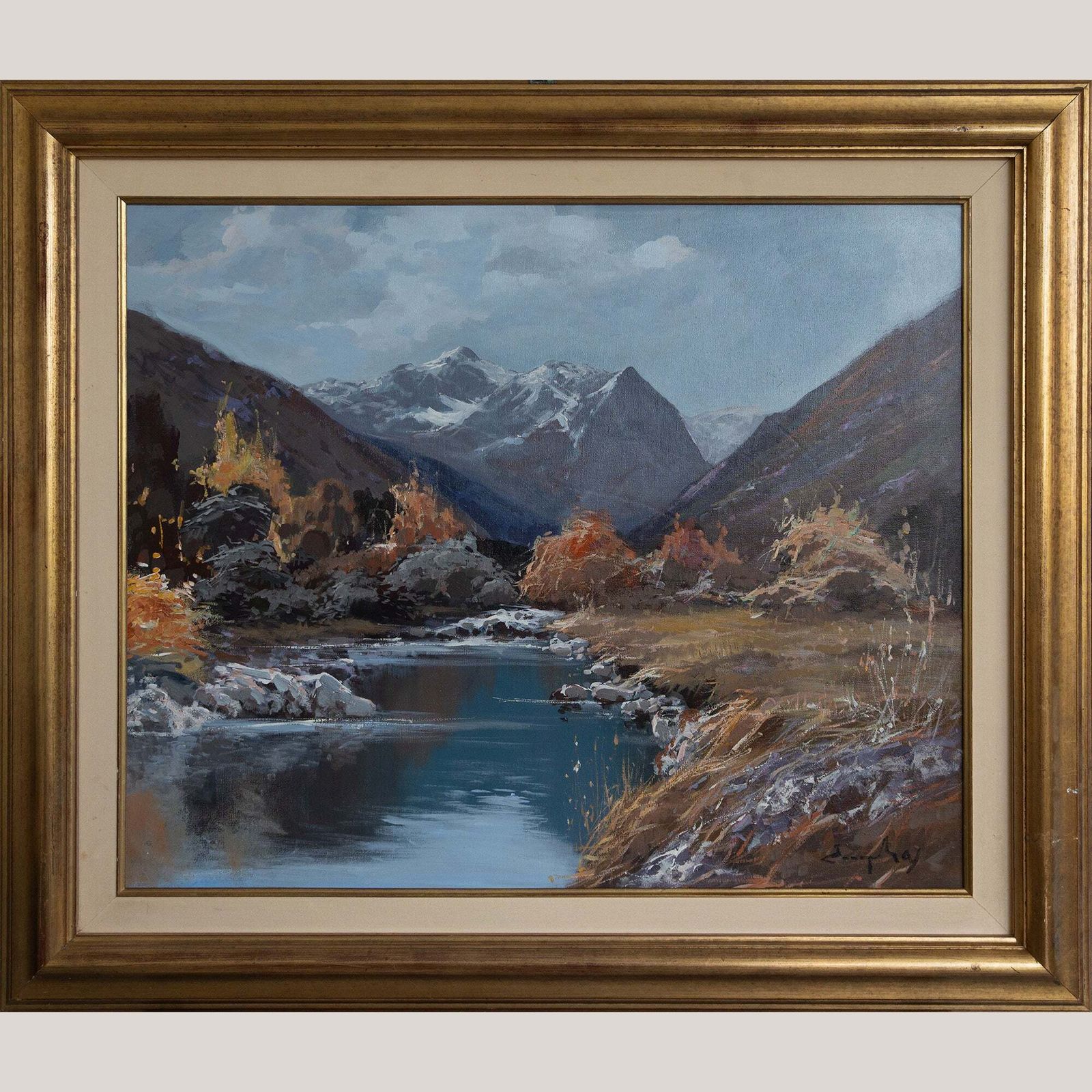 Berglandschap Met Rivier – Ingelijst Gesigneerd Olieverfschilderij photo furniture