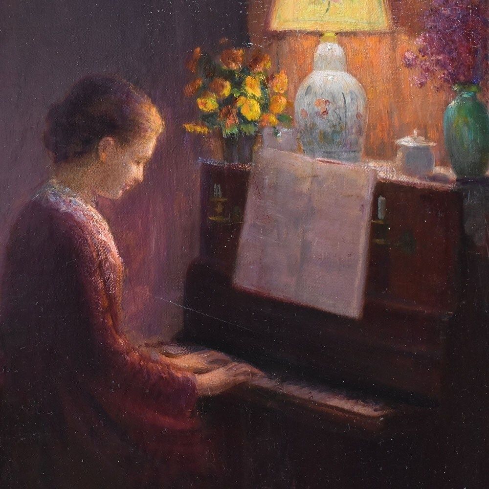 Antique Woman Portrait Painting, Young Woman Playing The Piano, Oil On Canvas, XX Century. (Qr574) photo Art