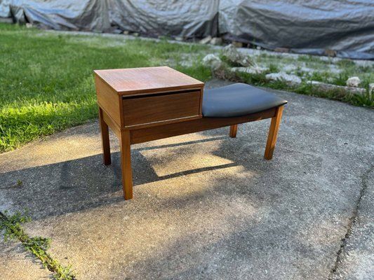 Vintage Teak Telephone Bench With Vinyl Seat, 1960s photo vintage