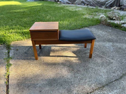 photo furniture Vintage Teak Telephone Bench With Vinyl Seat, 1960s