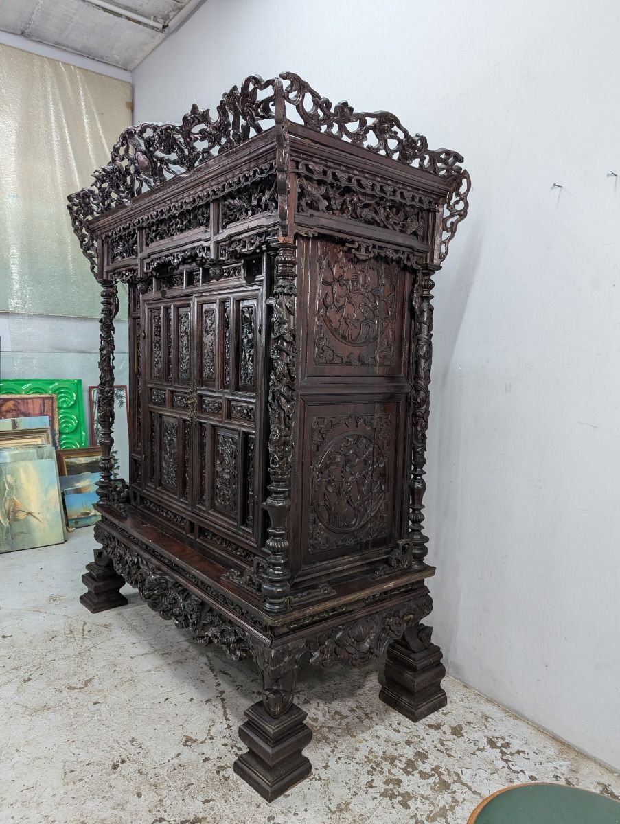 Large Indochinese Cabinet With Exotic Wood Dragon Decoration photo vintage
