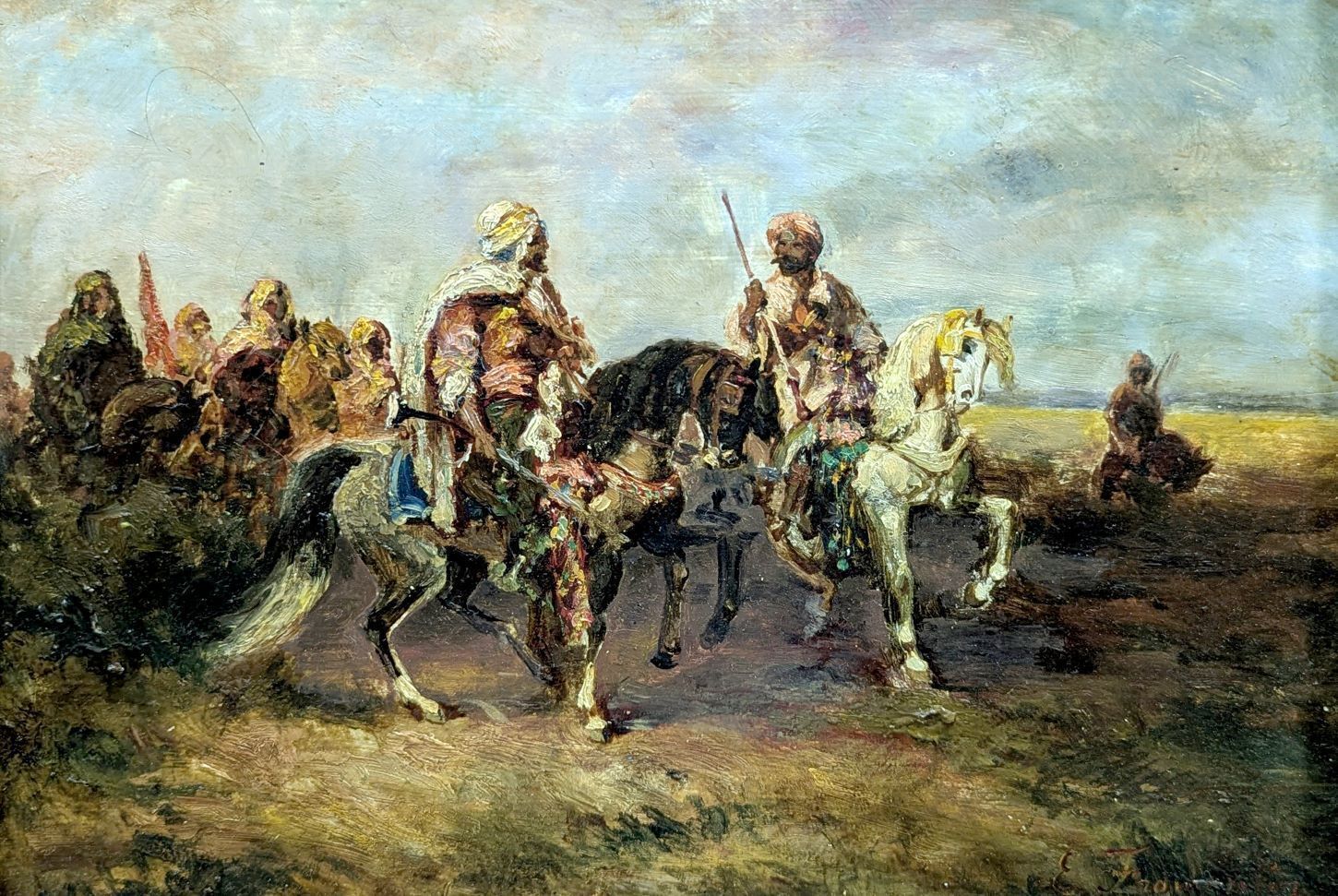 Oil On Panel Orientalist Fantasia Bedouin Horsemen Signed E. Fromentin photo furniture