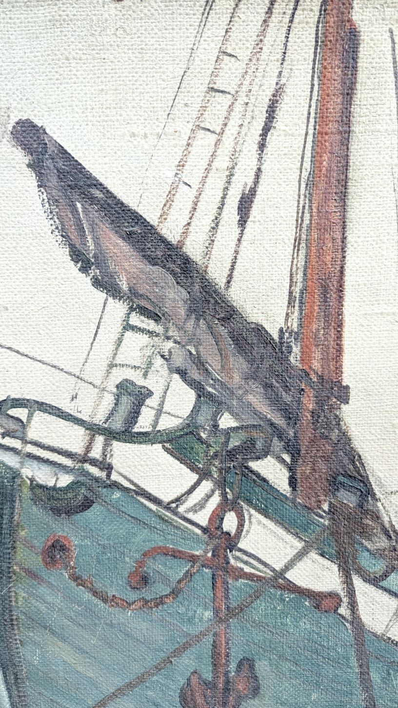 Sailboat In Port, Circa 1930 Oil On Canvas Signed Lower Right Willameur photo for sale