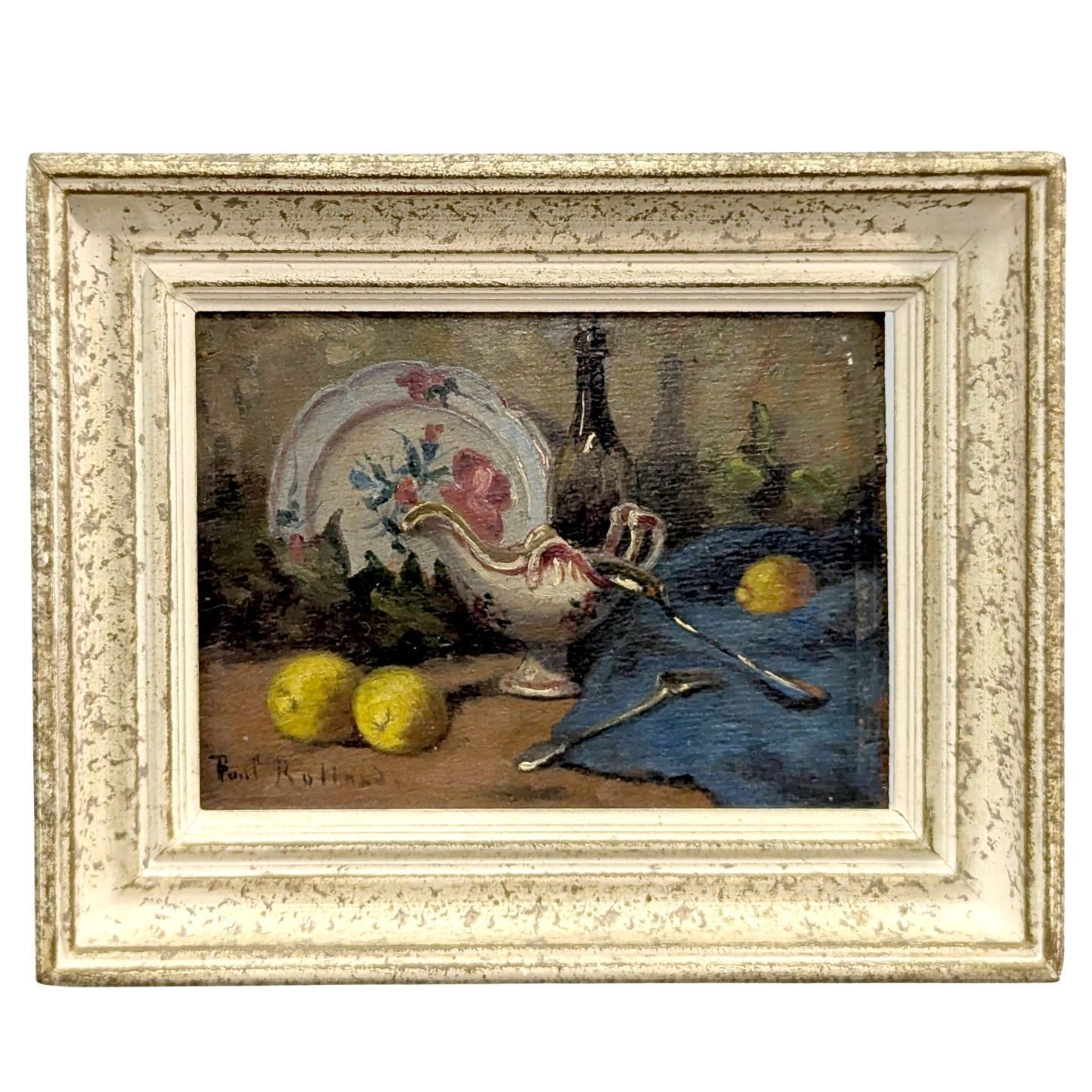 Paul Rolland (Active Mid 20th Century) Still Life With Flowered Pitcher, Lemons And Blue Drapery