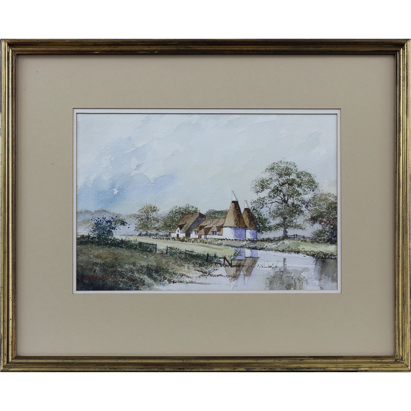 Watercolour By Geoffrey John Hall. Kent Farmbuilding With Oast Houses