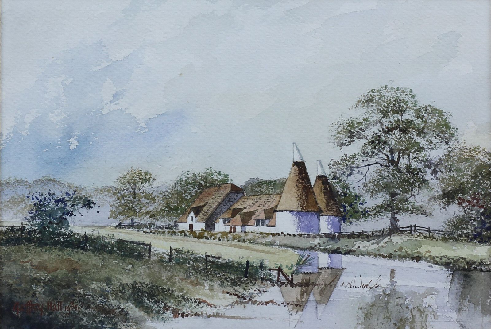 Watercolour By Geoffrey John Hall. Kent Farmbuilding With Oast Houses photo furniture