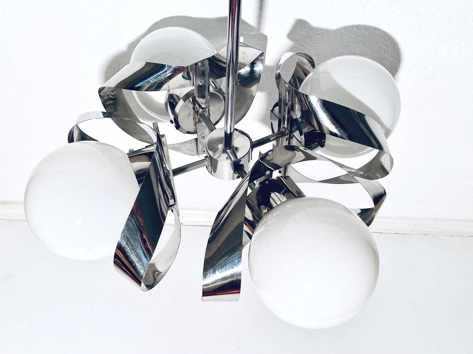 1960s Spectacular Swirl Ball Silver Metal Hanging Bulb Lamp Massive Leuchten / Vintage Space Age Decor photo for sale