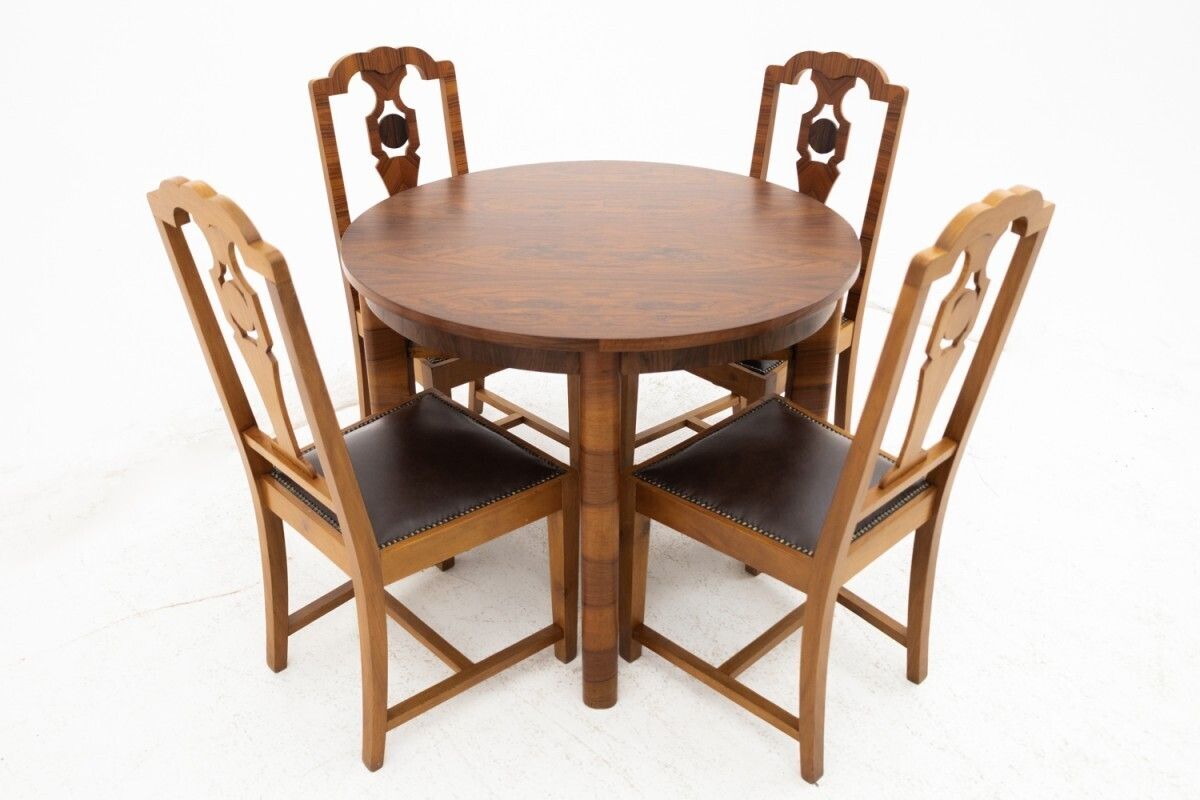 Round Table With Chairs In Art Deco Style, Poland, 1940s.