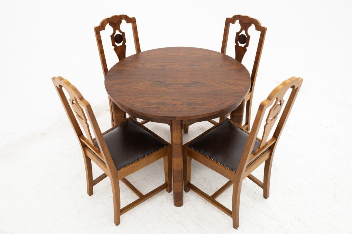 Round Table With Chairs In Art Deco Style, Poland, 1940s. photo for sale