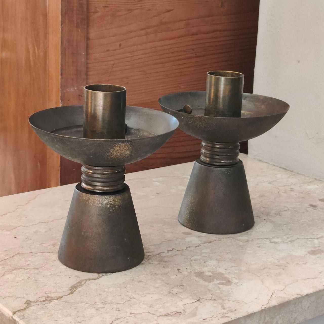 Pair Of 1930s Italian Art Deco Solid Brass Candelabras With Original Patina photo furniture